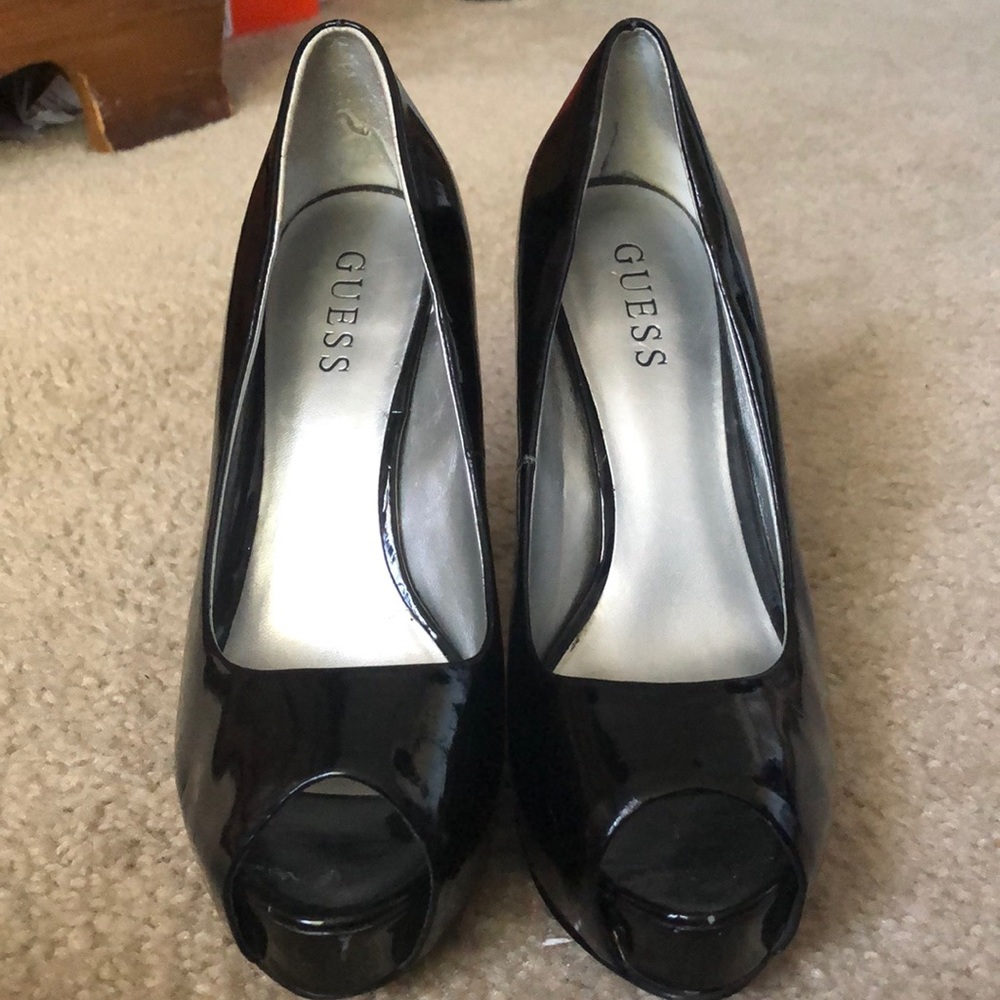 BOGO Guess Black Leather Peep Toe platform pumps